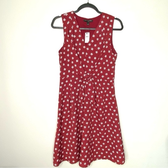 Burgundy Front Knotted Floral Side Zip Fit & Flare Dress Cottagecore - Picture 1 of 6